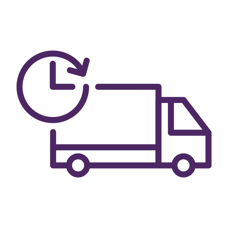 An icon of of a delivery van with a clock showing fast delivery.