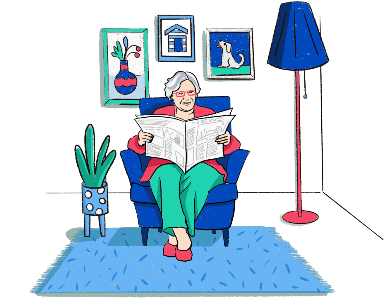 Illustration of an elderly woman sitting in a chair reading a newspaper.